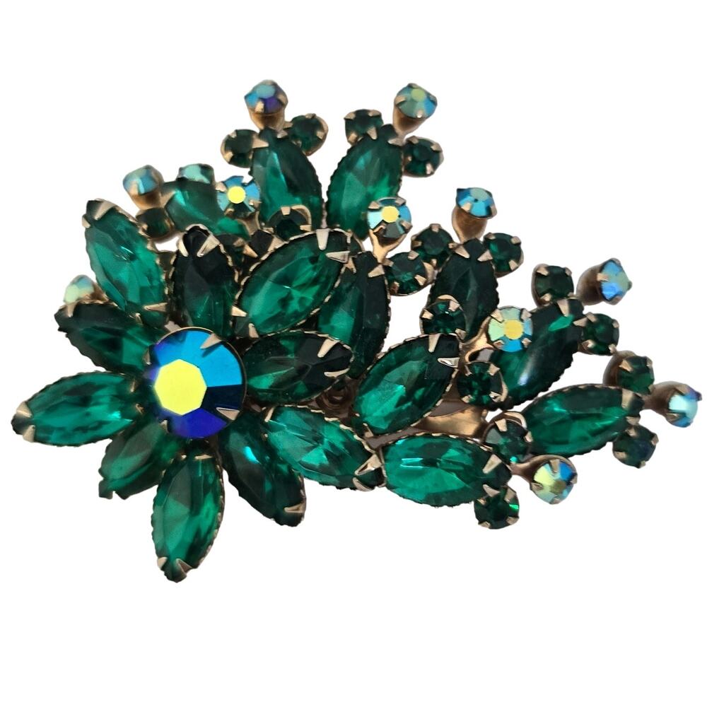 Vintage Brooch Emerald Green Aurora Borealis Rhinestone Floral Mid Century Glam - Picture 1 of 13